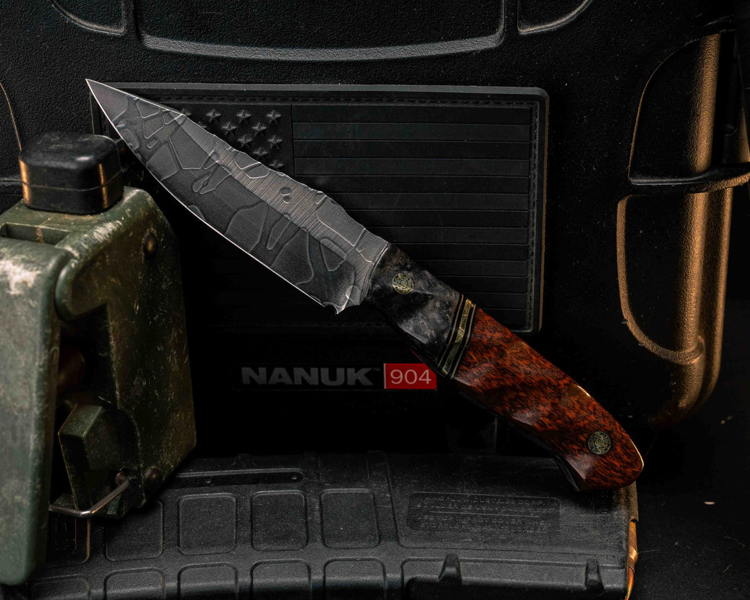Field Knife Jr- Dyed Redwood, Black G10, Earth G10 and Brass Split, Snakewood, Mosaic Pins, Textured Grip