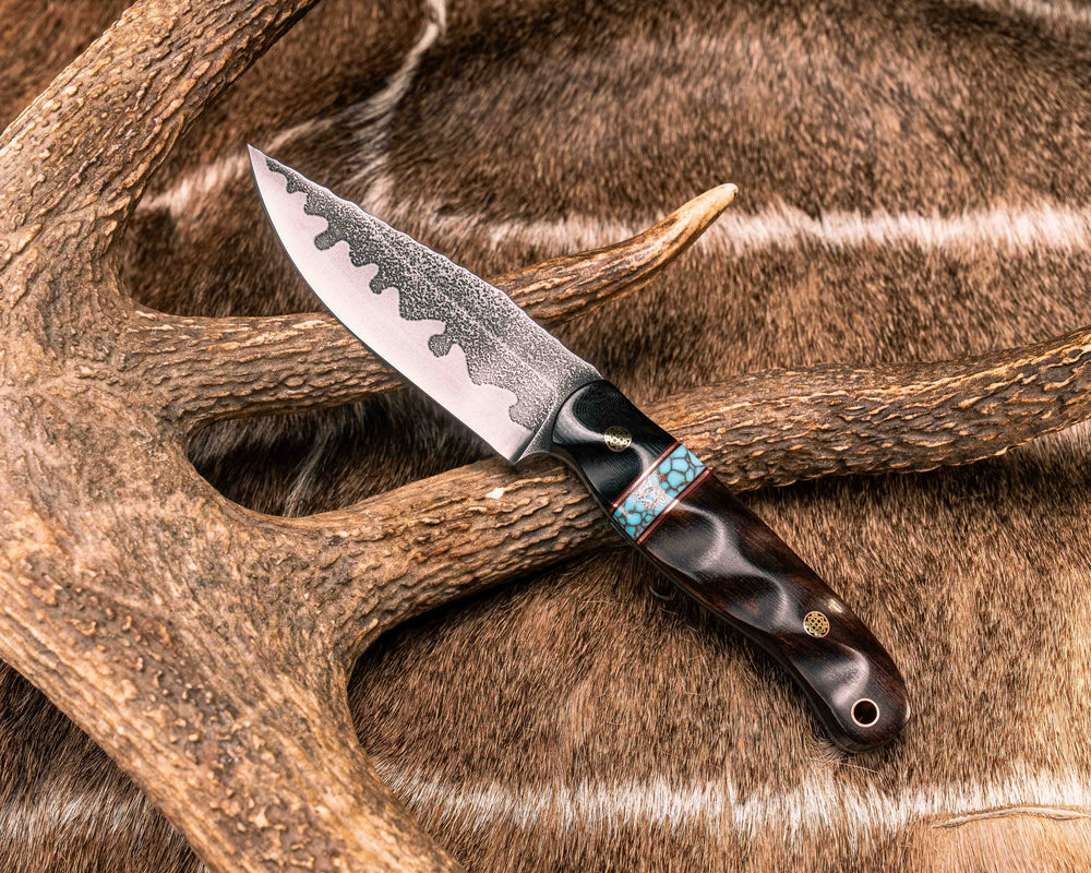 Crow Scalper - Bison Horn, Ruby G10 and Copper Pin Striping, Turquoise with Copper Web Tru-stone Split, Desert Ironwood, Mosaic Pins, Copper Lanyard Pin, Textured Grip