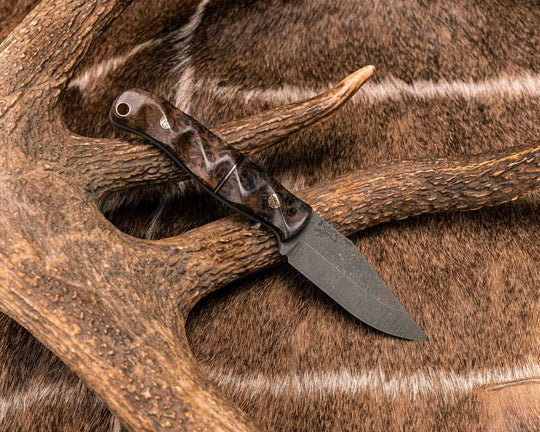 Crow Cub- Amboyna Burl, Black G10 and Copper Split, Mosaic Pins, Copper Lanyard Pin, Textured Grip