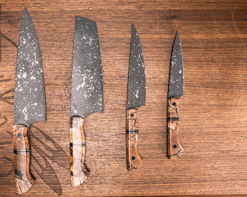 Chef Set- Spalted Tamarind, Black G10, Copper and Desert Ironwood Split, CF Pins, Smooth Grip