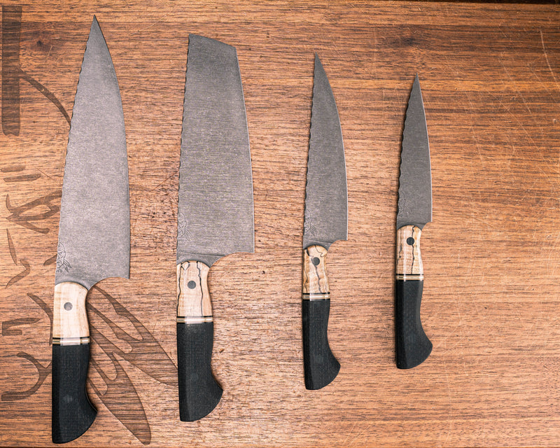 Chef Set- Spalted Maple, Black G10, Coyote G10, White G10 and Brass Split, Black Burlap Micarta, CF Pins, Smooth Grip