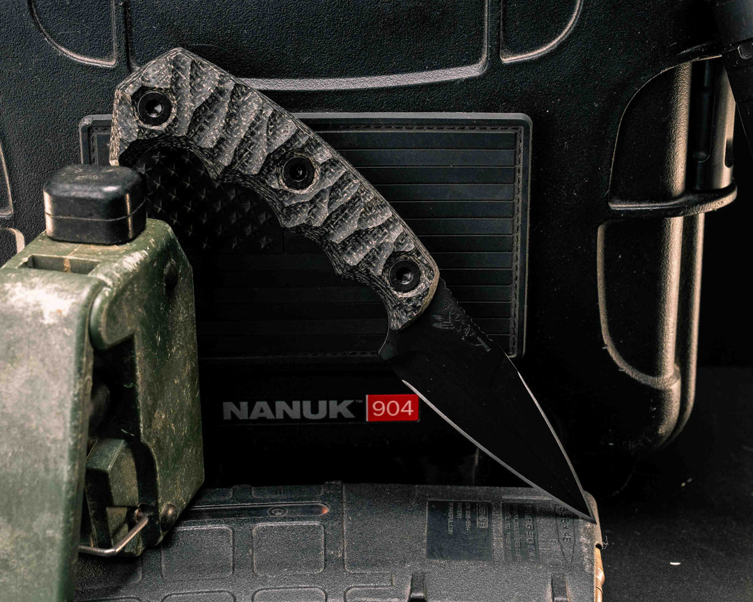 3" HUMINT - Black Burlap Micarta, Armor Black Cerakote, Allen Bolts, Textured Grip