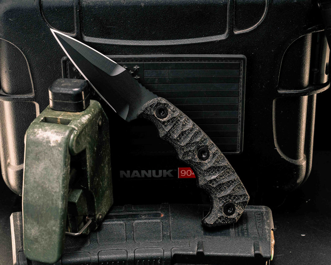 3" HUMINT - Black Burlap Micarta, Armor Black Cerakote, Allen Bolts, Textured Grip