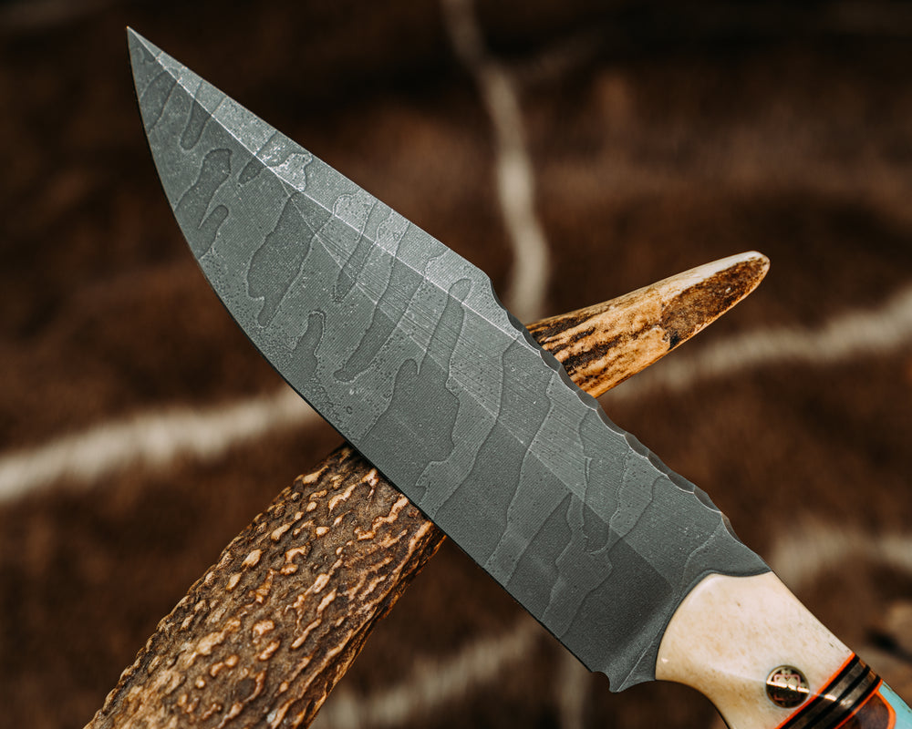 Crow Scout Drop Point - Giraffe Bone, Orange & Black G10 w/ Brass Pin Striping, Hawaiian Curly Koa Overlayed on Orange G10 & Turquoise Tru Stone Split, Tiger Stripe Acid Etch, Mosaic Pins, Textured Grip.