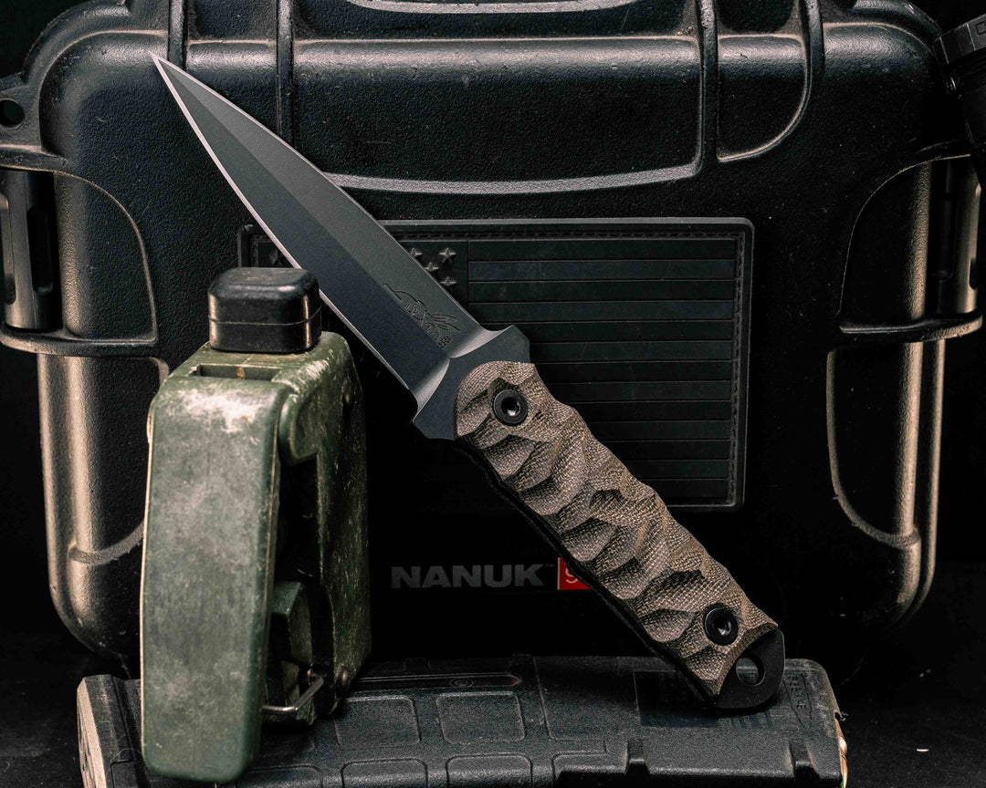 Combat Dagger- OD Green Canvas Micarta, Armor Black Cerakote, Allen Bolts, Textured Grip