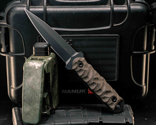 Combat Dagger- OD Green Canvas Micarta, Armor Black Cerakote, Allen Bolts, Textured Grip