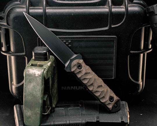 Combat Dagger- OD Green Canvas Micarta, Armor Black Cerakote, Allen Bolts, Textured Grip