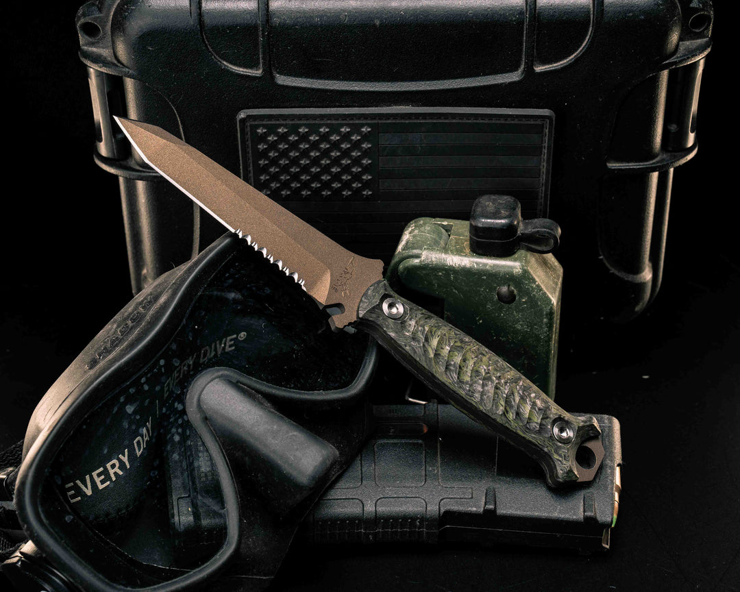 Dive Knife Tanto- Green Dark Matter FAT Carbon, Midnight Bronze Cerakote, Ti Torx Bolts, Textured Grip