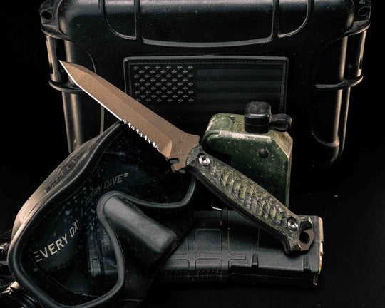 Dive Knife Tanto- Green Dark Matter FAT Carbon, Midnight Bronze Cerakote, Ti Torx Bolts, Textured Grip