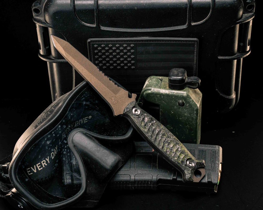 Dive Knife Tanto- Green Dark Matter FAT Carbon, Midnight Bronze Cerakote, Ti Torx Bolts, Textured Grip