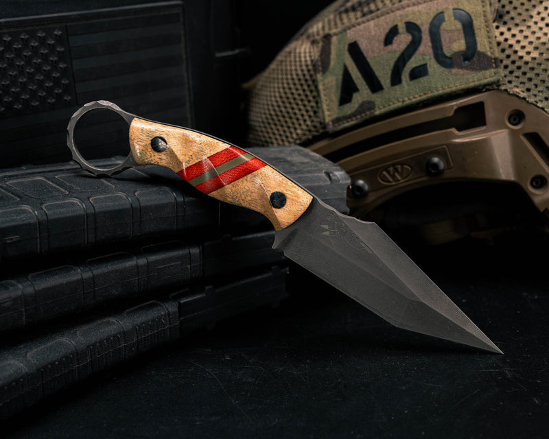 Ring Tac Tanto- Maple, Red and OD Green Canvas Micarta Split, CF Pins, Textured Grip