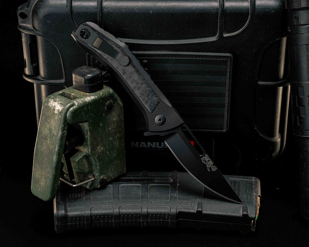 Custom Kwaiken Folder- Dyed Redwood, Anodized Black Handle, Black Nitride Blade, Textured Grip, Deep Carry Pocket Clip