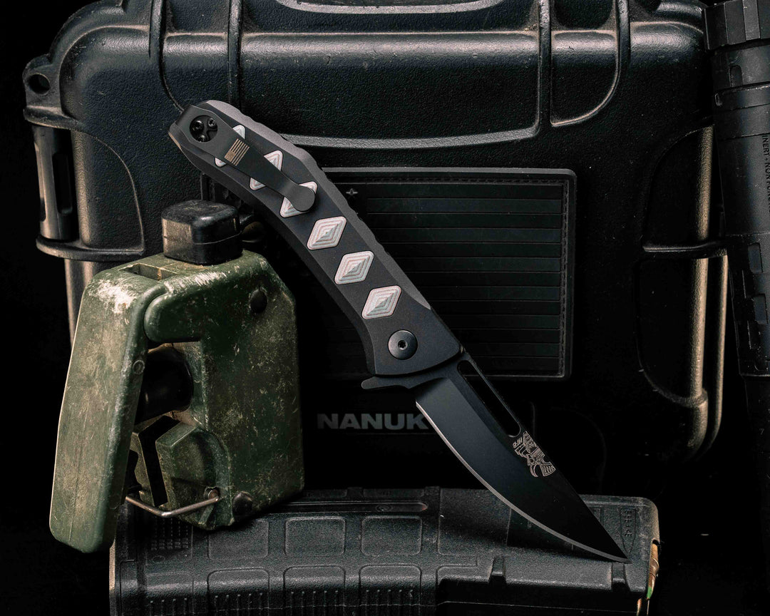 Custom Kwaiken Folder - Shipwreck Camo Quartz and Red Dragon Camo Quartz, Anodized Black Handle, Black Nitride Blade, Textured Grip, Deep Carry Pocket Clip