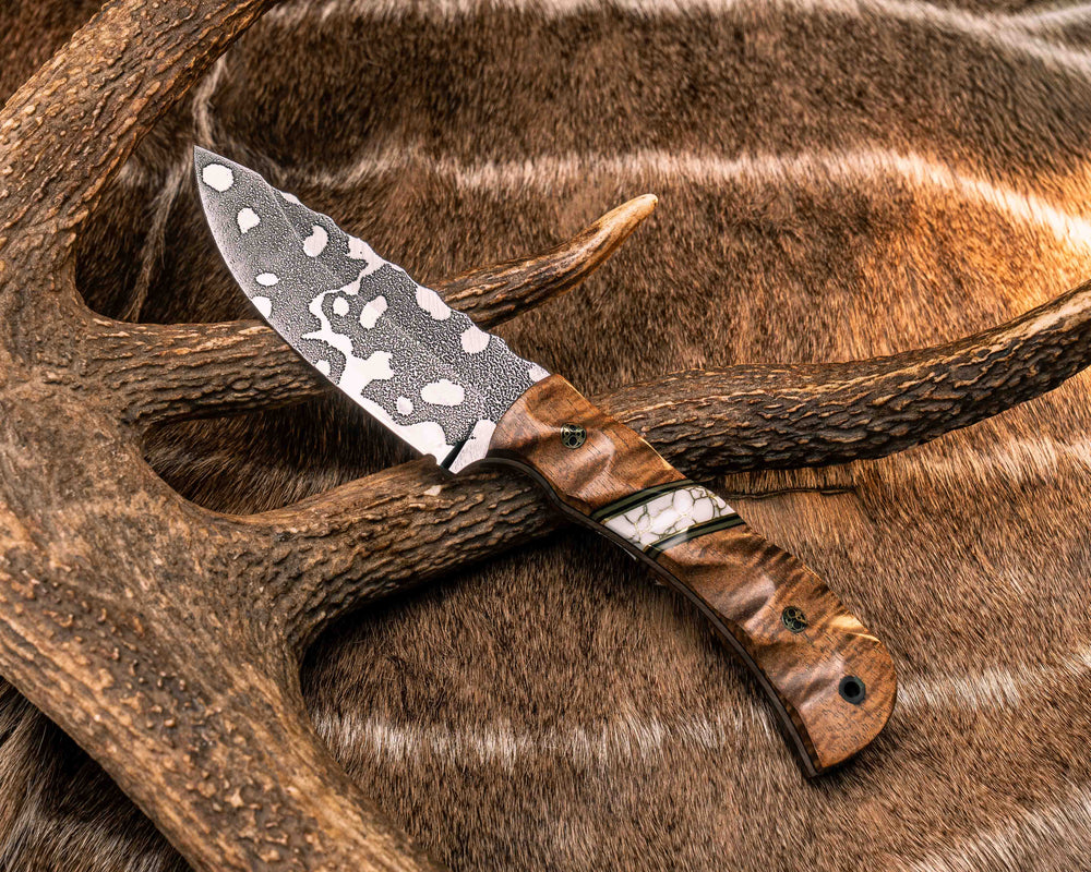 Cavner- Hawaiian Curly Koa, Black G10, OD Green G10 and Brass Pin Striping, White with Gold Web Tru-stone Split, Mosaic Pins, CF Lanyard Pin, Textured Grip