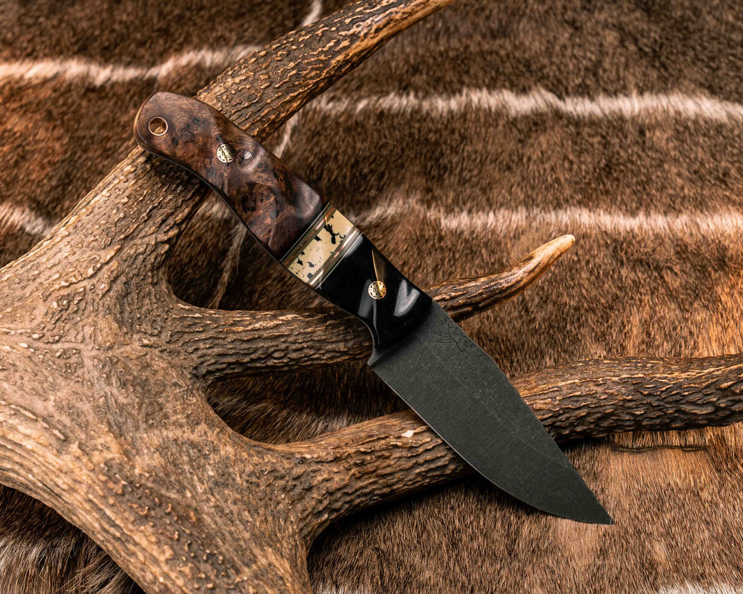 Crow Jr- Bison Horn, Black G10, White G10, OD Green G10 and Copper Pin Striping, Black Calceon Split, Mahogany, Mosaic Pins, Copper Lanyard Pin, Textured Grip