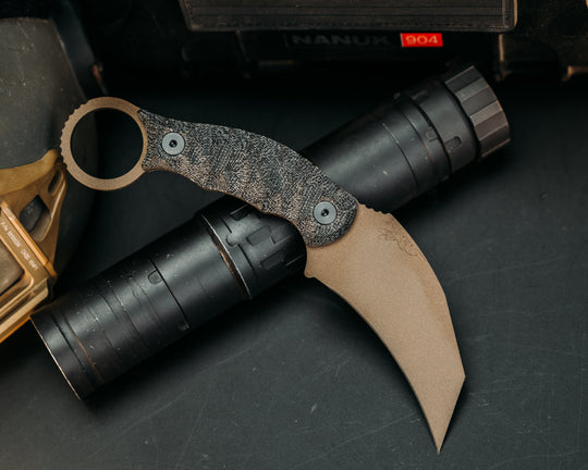 Karambito- Black Canvas Micarta, Midnight Bronze Cerakote, Allen Bolts, Chaos Grip