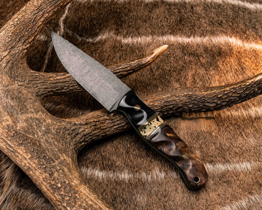 Crow Jr- Bison Horn, Black G10, White G10, OD Green G10 and Copper Pin Striping, Black Calceon Split, Mahogany, Mosaic Pins, Copper Lanyard Pin, Textured Grip