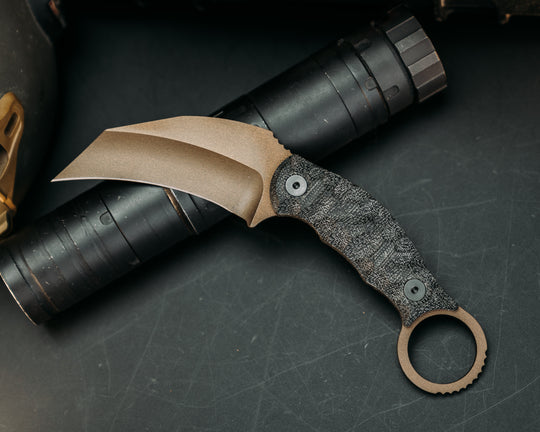 Karambito- Black Canvas Micarta, Midnight Bronze Cerakote, Allen Bolts, Chaos Grip