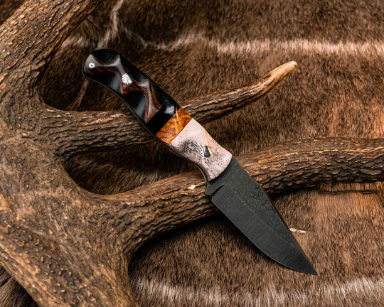 Crow Cub- Elk Antler, Afzelia and Bison Horn Split, Desert Ironwood Over Black Canvas Micarta, Mosaic Pins, Textured Grip