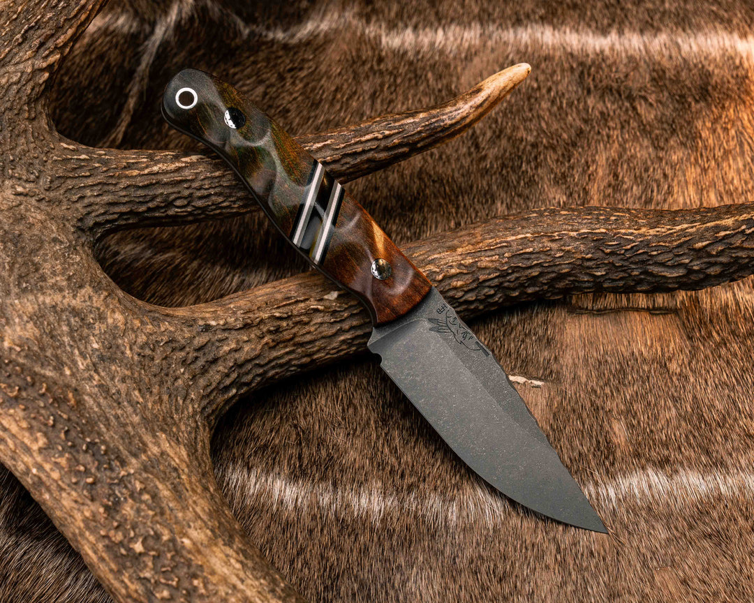 Feather Light- Dyed Curly, Black G10, White G10 and Grey G10 Pin Striping, Amber with Specs Recon Stone Split, Mosaic Pins, Aluminum Lanyard Pin, Textured Grip