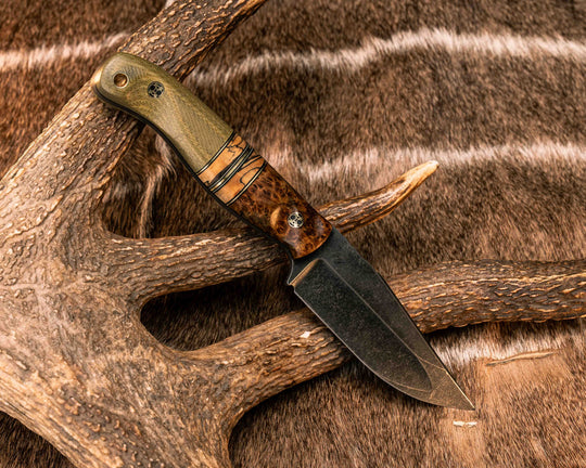 Crow Jr (Compound Grind)- Chechen Caribbean Rosewood, Black G10, Brass and Desert Tan G10 Pin Striping, Spalted Tamarind Split, Olive Green Canvas Micarta, Mosaic Pins, Brass Lanyard Pin, Textured Grip