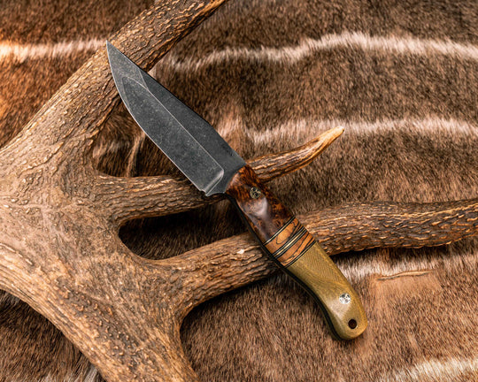 Crow Jr (Compound Grind)- Chechen Caribbean Rosewood, Black G10, Brass and Desert Tan G10 Pin Striping, Spalted Tamarind Split, Olive Green Canvas Micarta, Mosaic Pins, Brass Lanyard Pin, Textured Grip