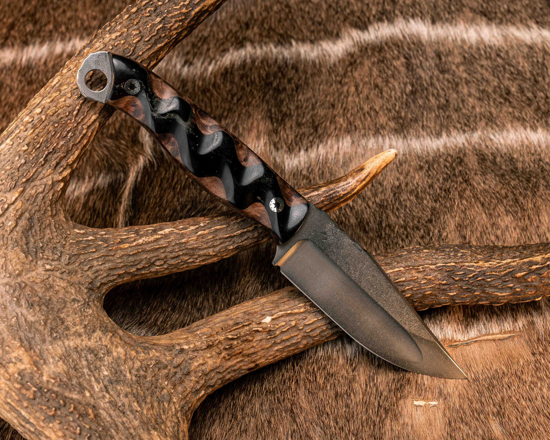 Crow Jr (Compound Grind)- Ram's Horn Over Redwood Burl, Mosaic Pins, Textured Grip