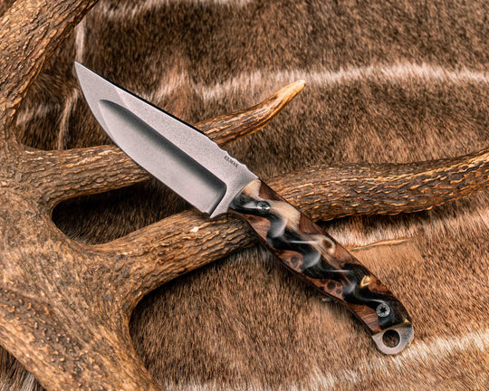 Crow Jr (Compound Grind)- Ram's Horn Over Redwood Burl, Mosaic Pins, Textured Grip