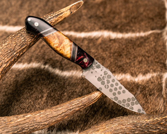 Field Knife Jr- Red Ruby Pearl Resin, Copper and Black G10 Pin Striping, Copper Dark Matter Carbon and Hawaiian Curly Koa Split, Burlwood and Red Ruby Pearl Resin, Mosaic Pins, 1/8" Copper Pin, Smooth Grip
