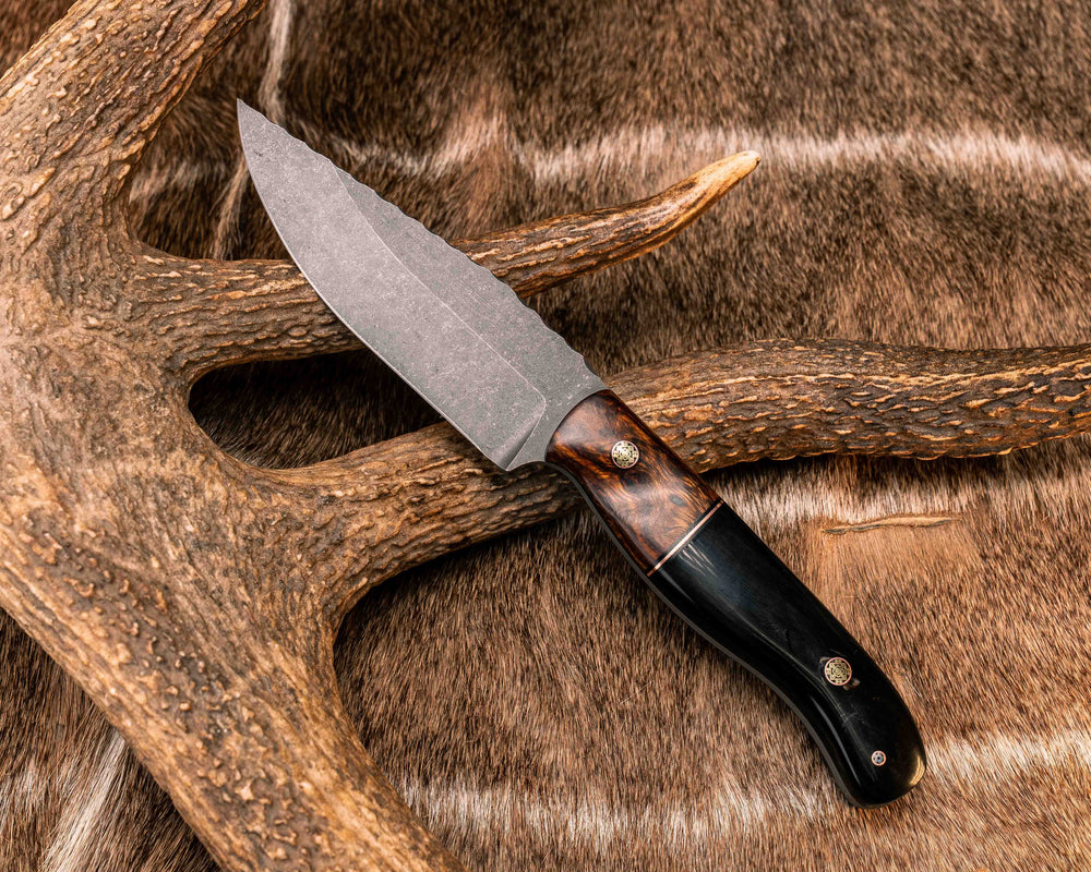 Crow Jr- Desert Ironwood, Black G10 and Copper Split, Bison Horn, Mosaic Pins, Textured Grip