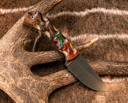 Cavner- Afzelia Burl Over Buckeye Burl, Black G10, Brass and Aluminum Pin Striping, Arizona Jade Tru-stone Over Natural Canvas Micarta and Sugi Tru-stone Split, Hawaiian Curly Koa Over Buckeye Burl, Mosaic Pins, Aluminum Lanyard Pin, Textured Grip