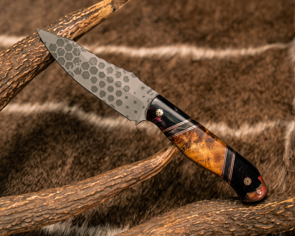 Field Knife Jr- Red Ruby Pearl Resin, Copper and Black G10 Pin Striping, Copper Dark Matter Carbon and Hawaiian Curly Koa Split, Burlwood and Red Ruby Pearl Resin, Mosaic Pins, 1/8" Copper Pin, Smooth Grip