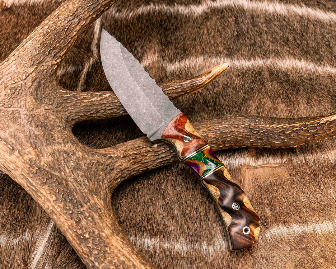 Cavner- Afzelia Burl Over Buckeye Burl, Black G10, Brass and Aluminum Pin Striping, Arizona Jade Tru-stone Over Natural Canvas Micarta and Sugi Tru-stone Split, Hawaiian Curly Koa Over Buckeye Burl, Mosaic Pins, Aluminum Lanyard Pin, Textured Grip
