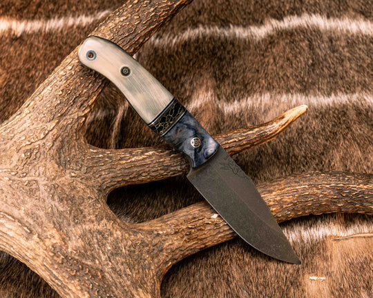 Crow Scalper - Dyed Maple, Black G10, Aluminum and Brass Pin Striping, Black with Gold Web Tru-stone Split, Ram's Horn, Mosaic Pins, Aluminum Lanyard Pin, Textured Grip