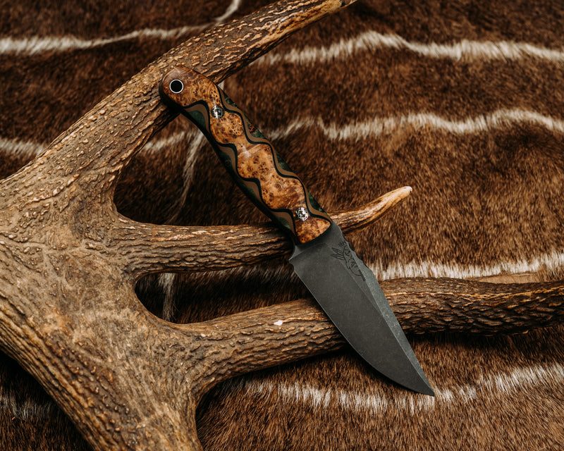 Drop Point Scalper- Black Ash Over Black G10 Over Coyote G10 Over Dyed Maple, Mosaic Pins, Aluminum Lanyard Pin, Textured Grip