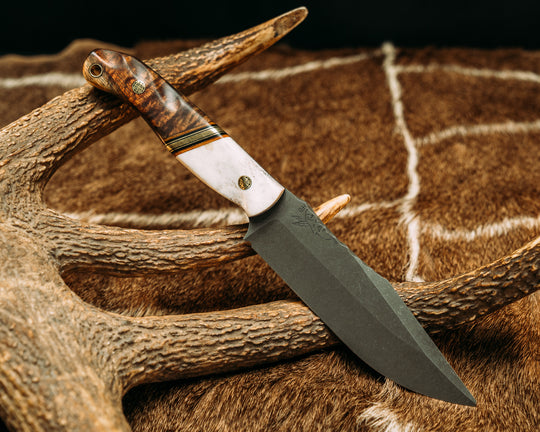 Crow Scout Drop Point- Natural Canvas Micarta, Black G10 and Brass Split, Hawaiian Curly Koa, Mosaic Pins, Brass Lanyard Pin, Contoured Grip