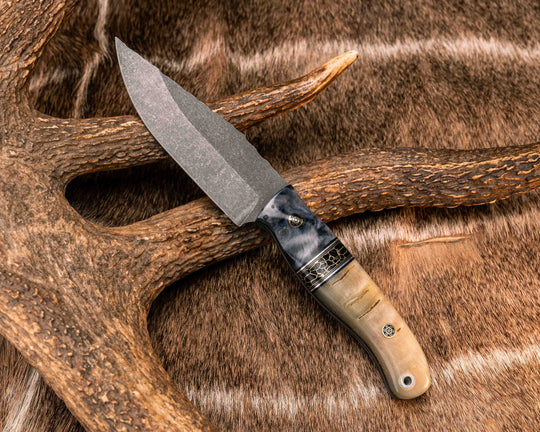 Crow Scalper - Dyed Maple, Black G10, Aluminum and Brass Pin Striping, Black with Gold Web Tru-stone Split, Ram's Horn, Mosaic Pins, Aluminum Lanyard Pin, Textured Grip