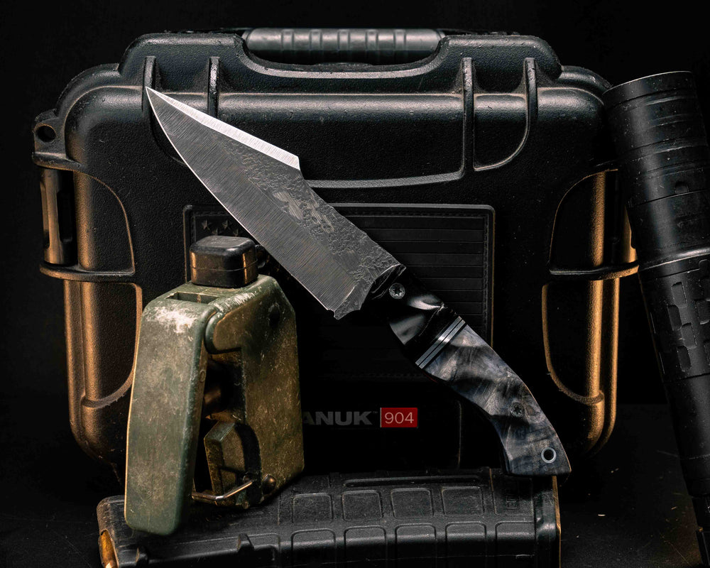 Widow Maker- Bison Horn, Black G10 and Aluminum Split, Dyed Buckeye, Mosaic Pins, Aluminum Lanyard Pin, Textured Grip