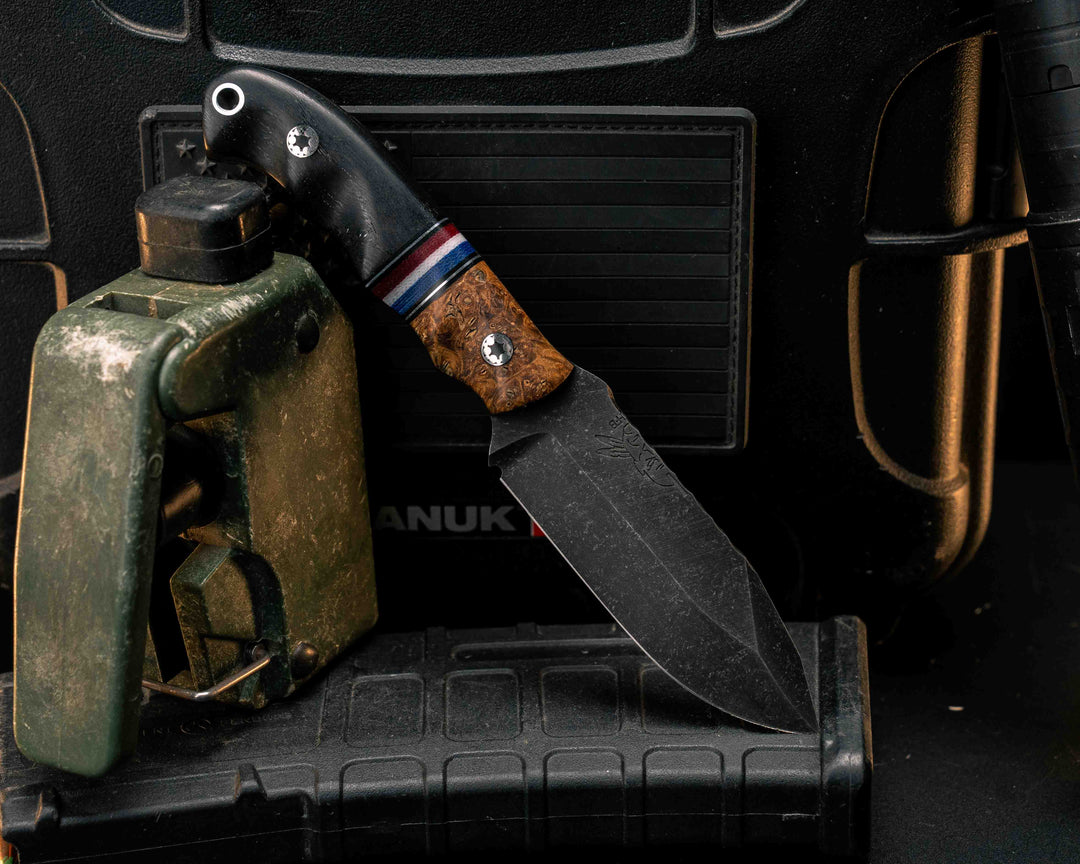 Disaster Cub- Dyed Box Elder, Black G10 and Aluminum Pin Striping, Americana Up Down G-carta Split, Ancient Bog Oak, Mosaic Pins, Aluminum Lanyard Pin, Textured Grip