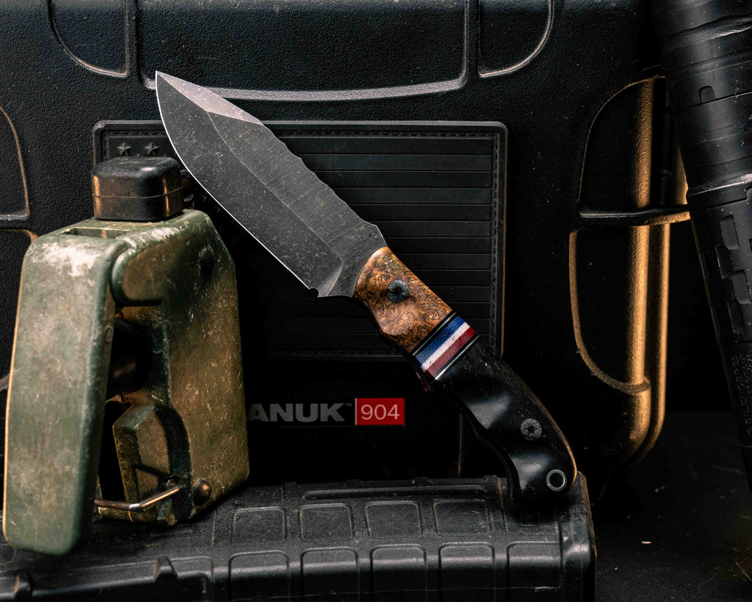 Disaster Cub- Dyed Box Elder, Black G10 and Aluminum Pin Striping, Americana Up Down G-carta Split, Ancient Bog Oak, Mosaic Pins, Aluminum Lanyard Pin, Textured Grip