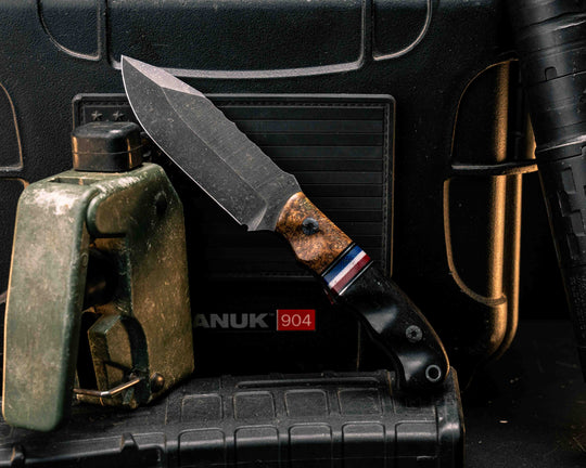 Disaster Cub- Dyed Box Elder, Black G10 and Aluminum Pin Striping, Americana Up Down G-carta Split, Ancient Bog Oak, Mosaic Pins, Aluminum Lanyard Pin, Textured Grip