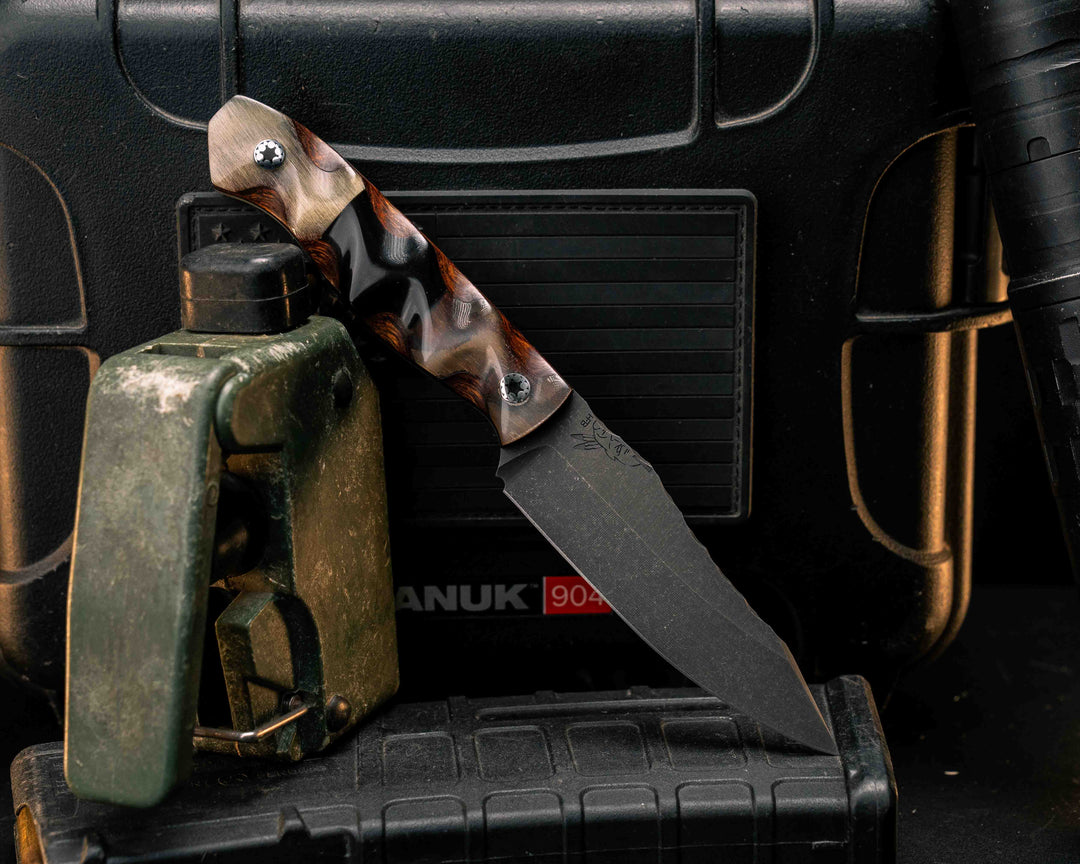 Field Knife Jr- Ram's Horn Over Desert Ironwood, Bison Horn Over Desert Ironwood Split, Mosaic Pins, Textured Grip