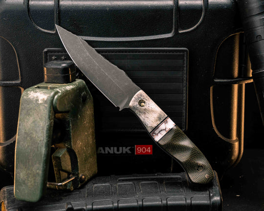 Field Knife Jr- Elk Antler, Black G10, White G10 and Copper Pin Striping, White with Copper Web Tru-stone Split, OD Green Canvas Micarta, Mosaic Pins, Textured Grip