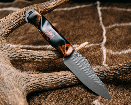 Field Knife- Desert Ironwood, Cherry G10 Pin Striping, Black Richlite and Red Pearl Resin Split, CF Pins, Contoured Grip
