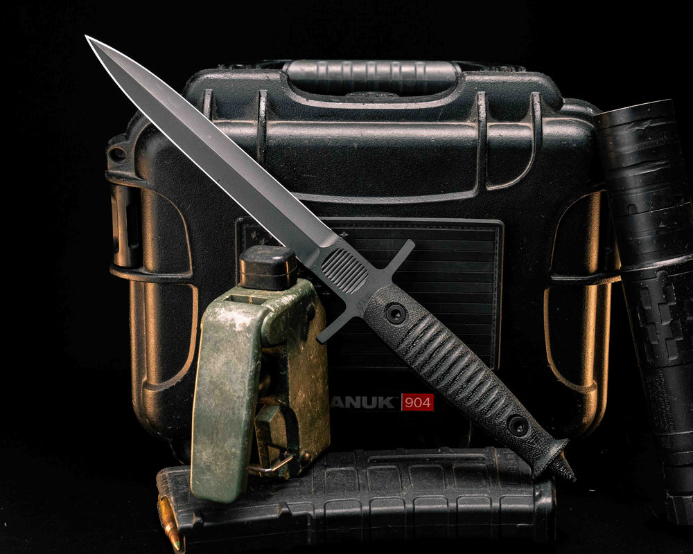 V-42 Dagger- Black Canvas Micarta, Armor Black Cerakote, Allen Bolts, Textured Grip