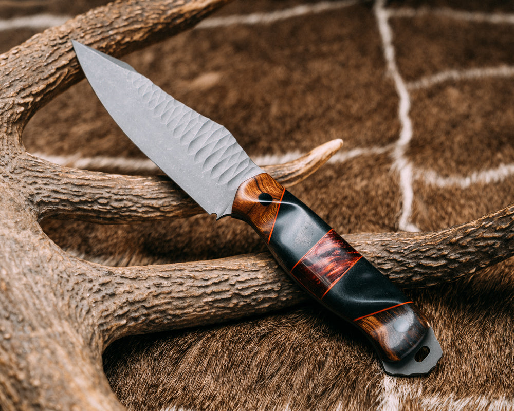 Field Knife- Desert Ironwood, Cherry G10 Pin Striping, Black Richlite and Red Pearl Resin Split, CF Pins, Contoured Grip