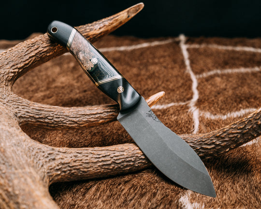 Hunter Skinner- Black Richlite, Brass and Black G10 Pin Striping, Burlwood and Green and Brown Resin Split, Mosaic Pins, Brass Lanyard Pin, Contoured Grip