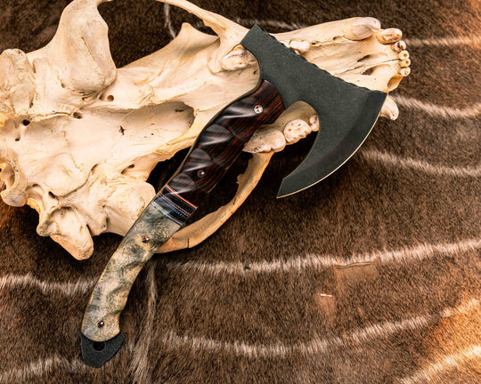 Viking Hawk - Desert Ironwood, Black G10, Brass, Cherry G10 and Blue G10 Pin Striping, Carbon and Red, White and Blue Carbon Split, Buckeye Burl, Patriot Mosaic Pins, Textured Grip