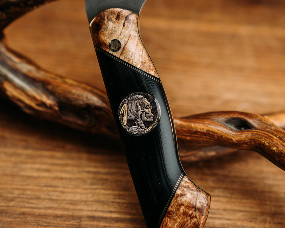 Chef Jr - Spalted Maple, Black G10 & Brass Pin Striping,  Black G10 w/ ATX Engraved 1935 'War Paint' Buffalo Nickel Inlay Split, Mosaic Pin, CF Pin, Smooth Grip.