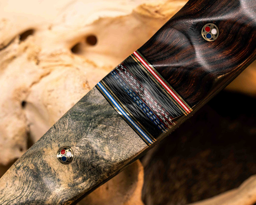 Viking Hawk - Desert Ironwood, Black G10, Brass, Cherry G10 and Blue G10 Pin Striping, Carbon and Red, White and Blue Carbon Split, Buckeye Burl, Patriot Mosaic Pins, Textured Grip